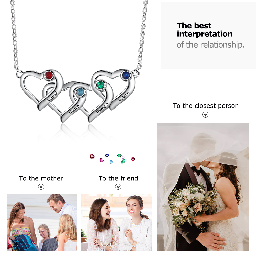Personalised Heart Necklace With 4 Birthstones Engraved Names Gift For Her-Jessemade AU