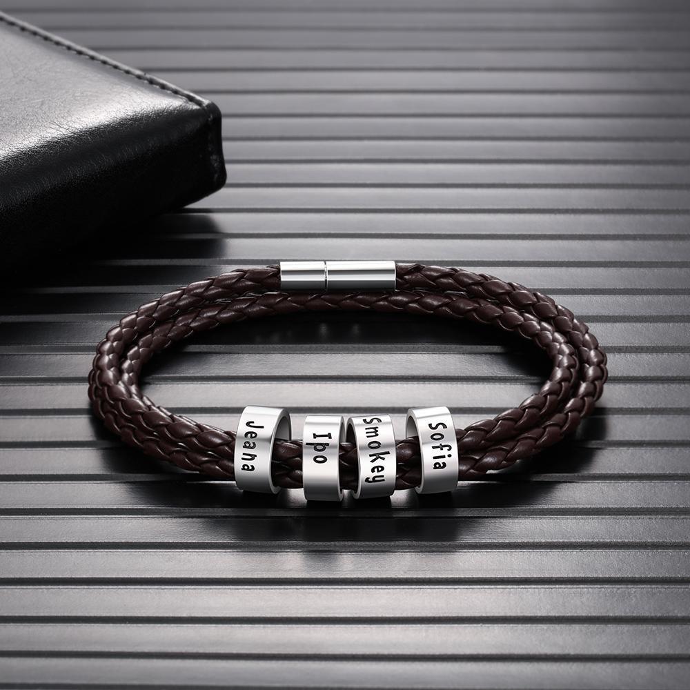 Braided Leather Personalised Name 4 Beads Men's Bracelets Gifts For Him Best Gift For Dad-Jessemade AU