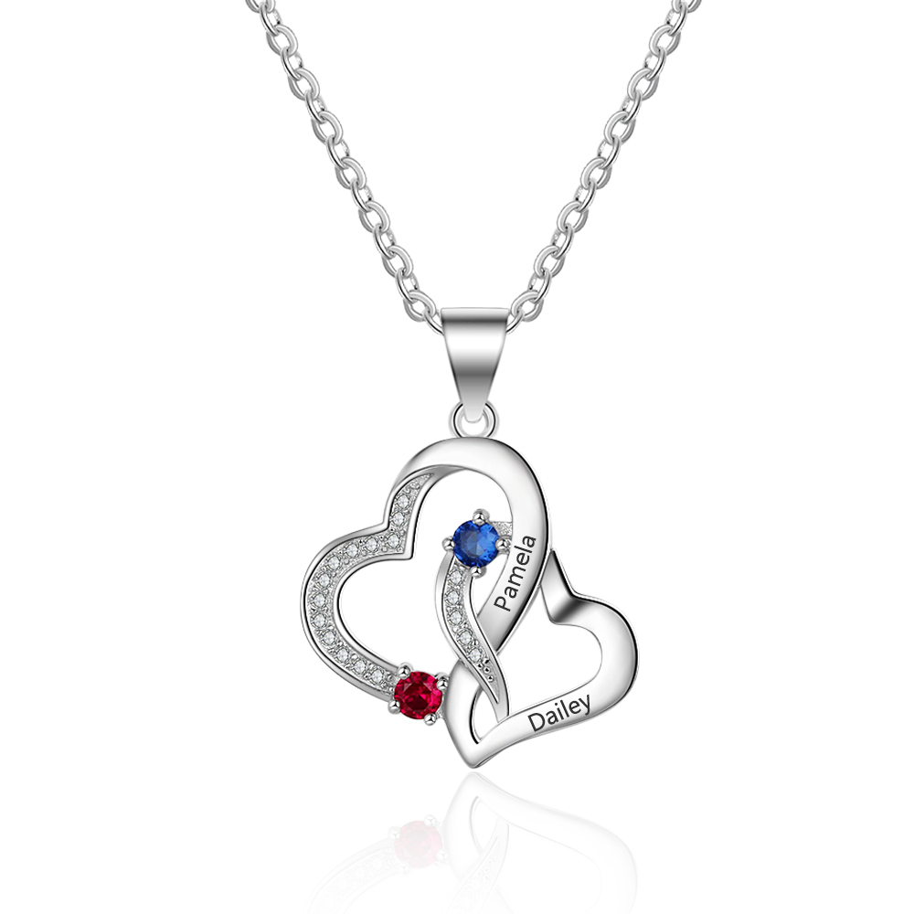 Personalised Heart Necklace With 2 Birthstones Engraved Names Necklace Gift For Women-Jessemade AU