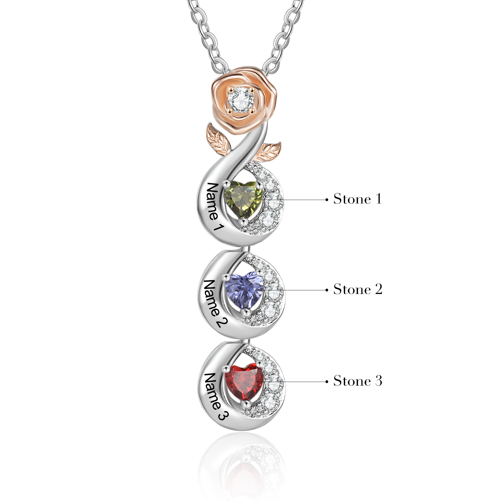 Custom Family Necklace Rose Pendant with 3 Birthstones Engraving 3 Names Gifts for Her-Jessemade AU