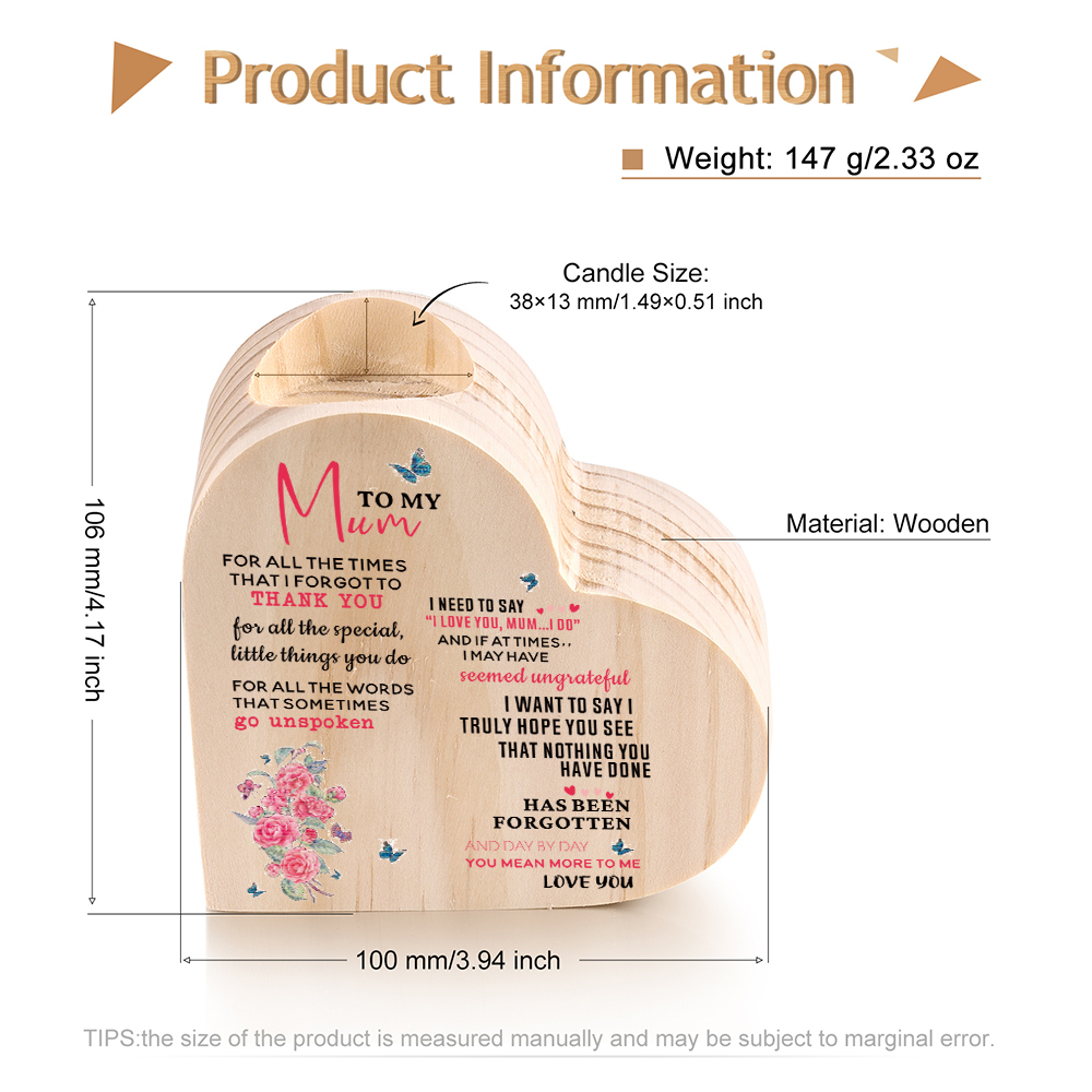 To My Mum-Wooden Heart Candle Holder Flower Candlesticks "I forgot to thank you" Gifts For Mother-Jessemade AU
