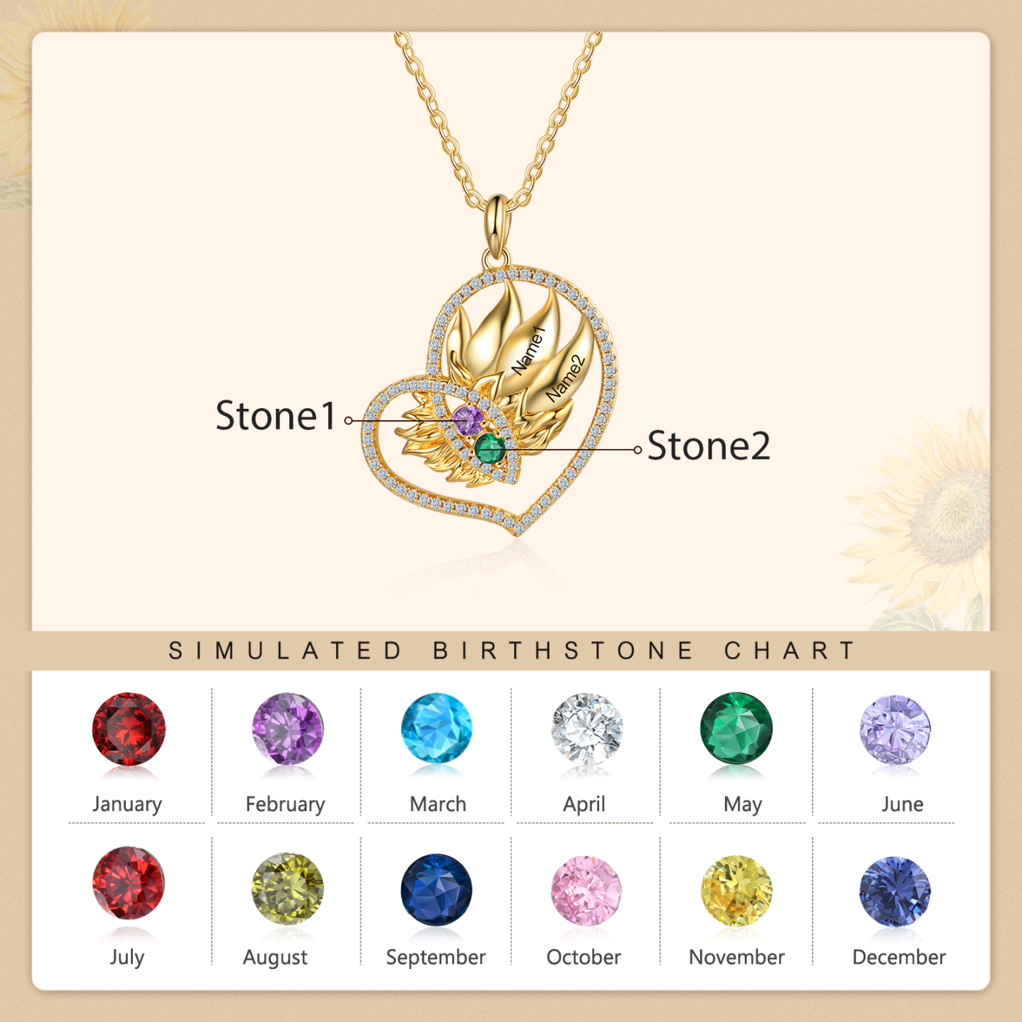 Personalised Heart Necklace With 2 Birthstones Engraved Names Necklace Gift For Women-Jessemade AU
