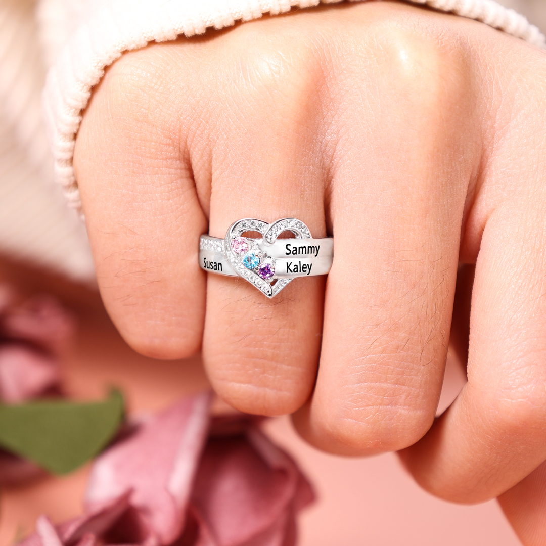 S925 Silver Personalised Mother Ring with 3 Birthstones Heart Family Ring-Jessemade AU