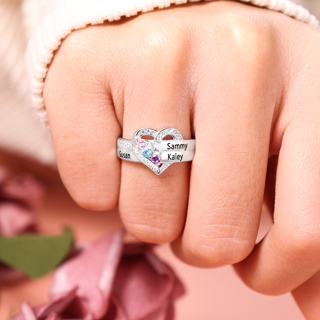 S925 Silver Personalised Mother Ring with 3 Birthstones Heart Family Ring-Jessemade AU