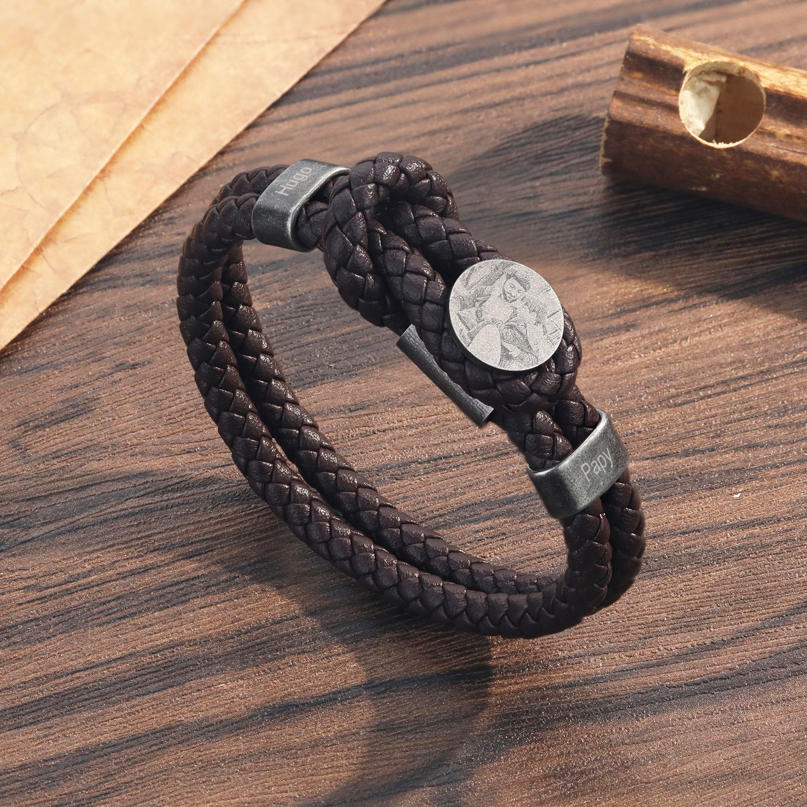 Personalised Men's Photo Bracelets Engraved 2 Names Multi Layered Vintage Braided Bracelet for Him-Jessemade AU