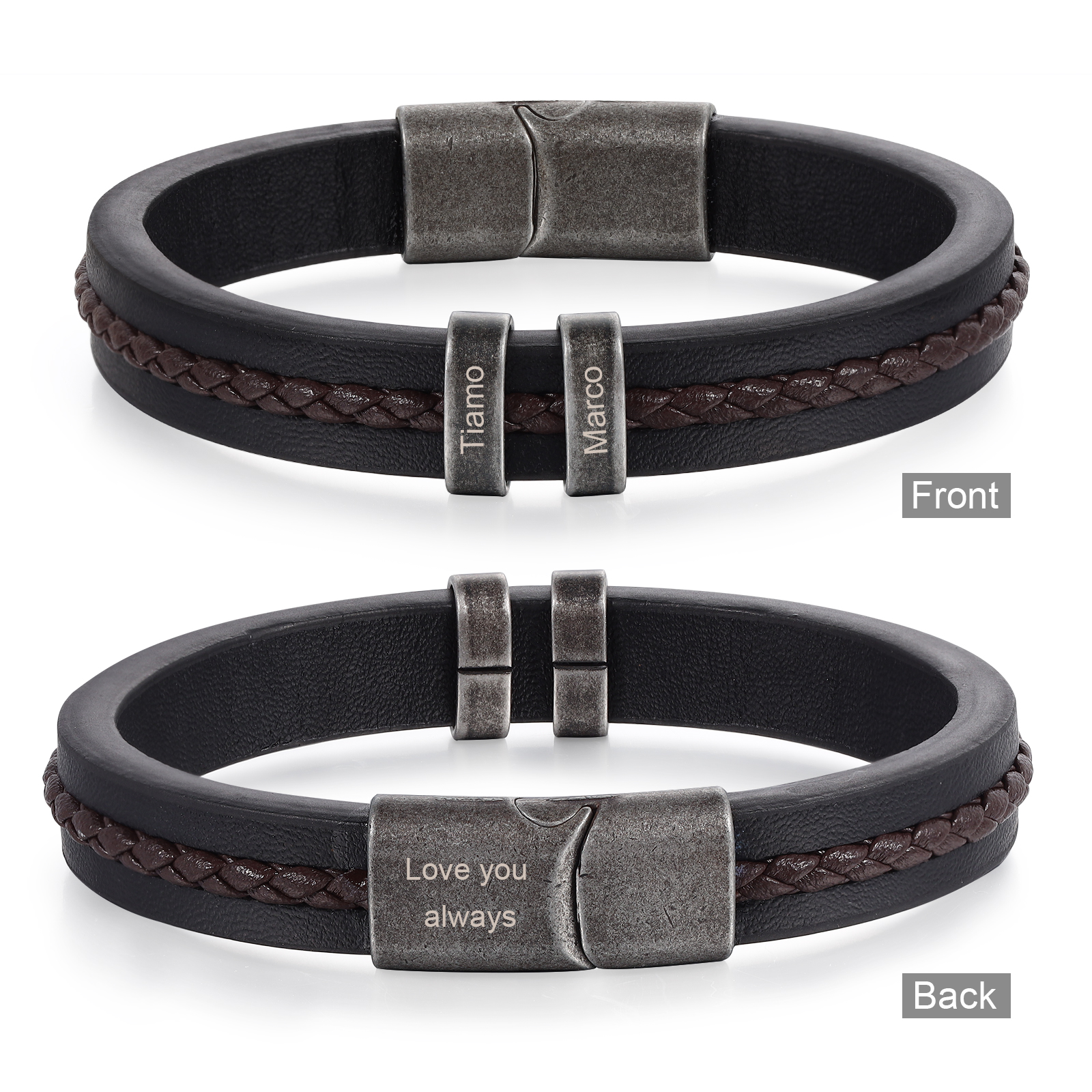 2 Names - Personalised Men's Leather Bracelet Custom Text Beaded Bracelets Vintage Gift for Him