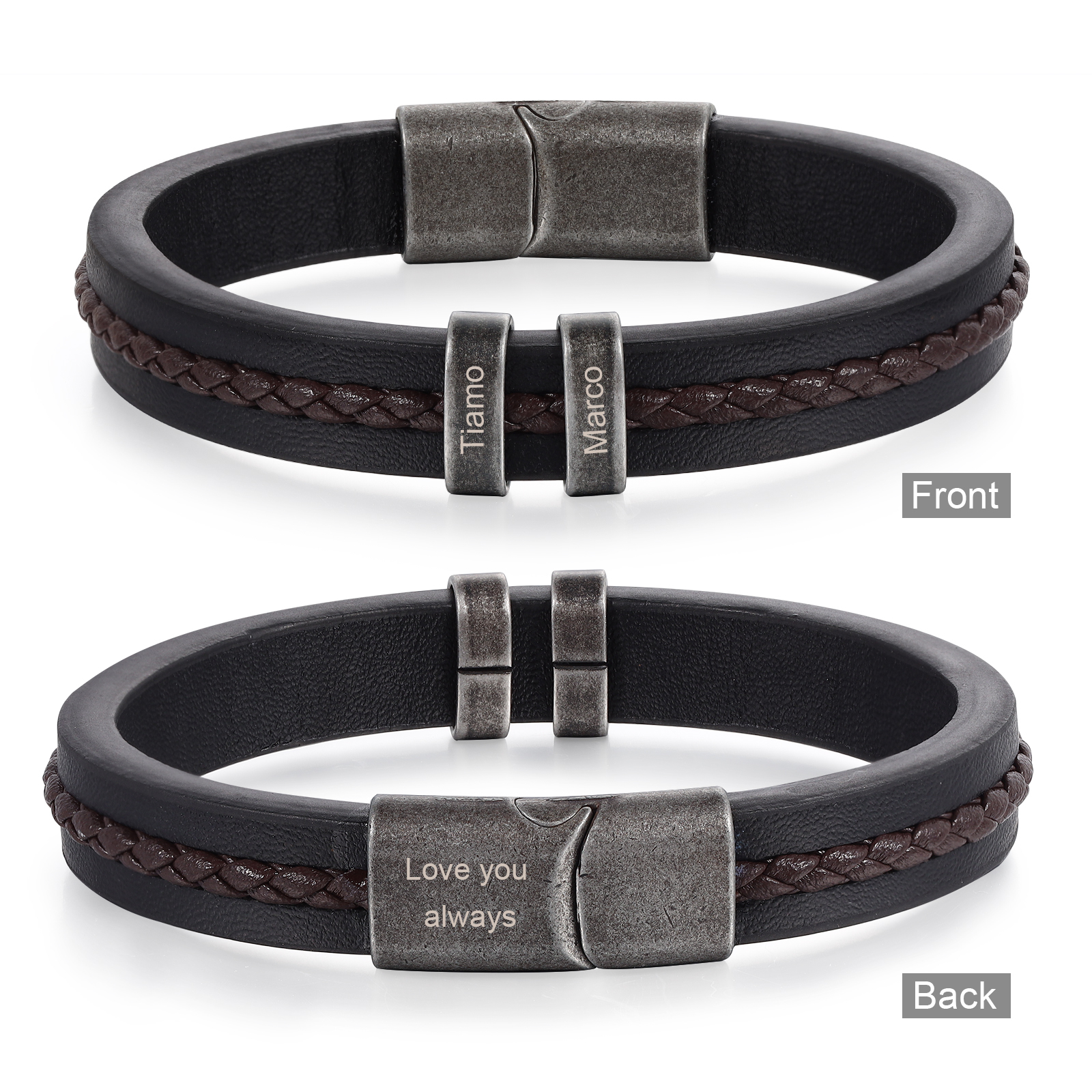 2 Names - Personalised Men's Leather Bracelet Custom Text Beaded Bracelets Vintage Gift for Him