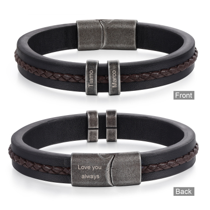 2 Names - Personalised Men's Leather Bracelet Custom Text Beaded Bracelets Vintage Gift for Him