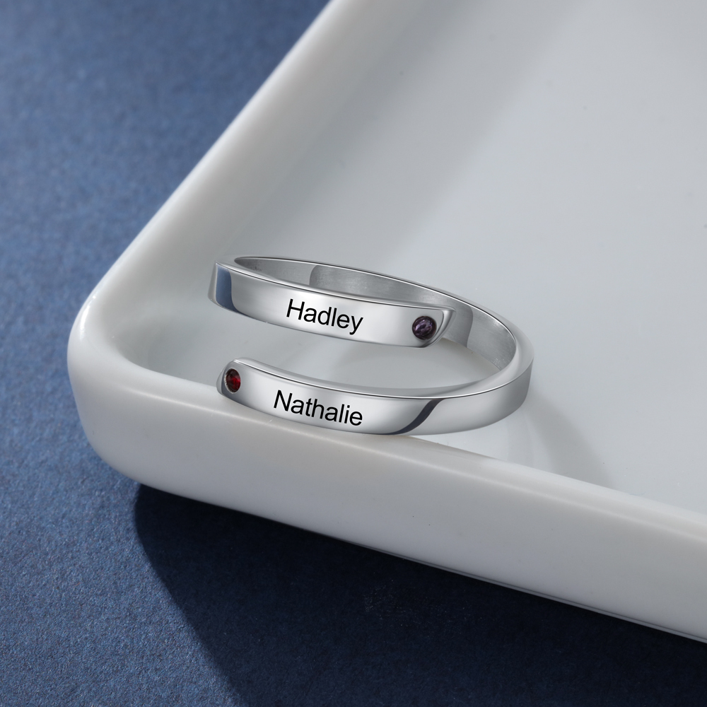 Personalised Mother Ring With 2 Birthstones Engraved Names Ring Gift For Women-Jessemade AU