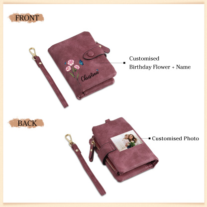 Personalised Women's Leather Wallet Custom Birthday Flower & Name & Photo Wallet Gift for Her