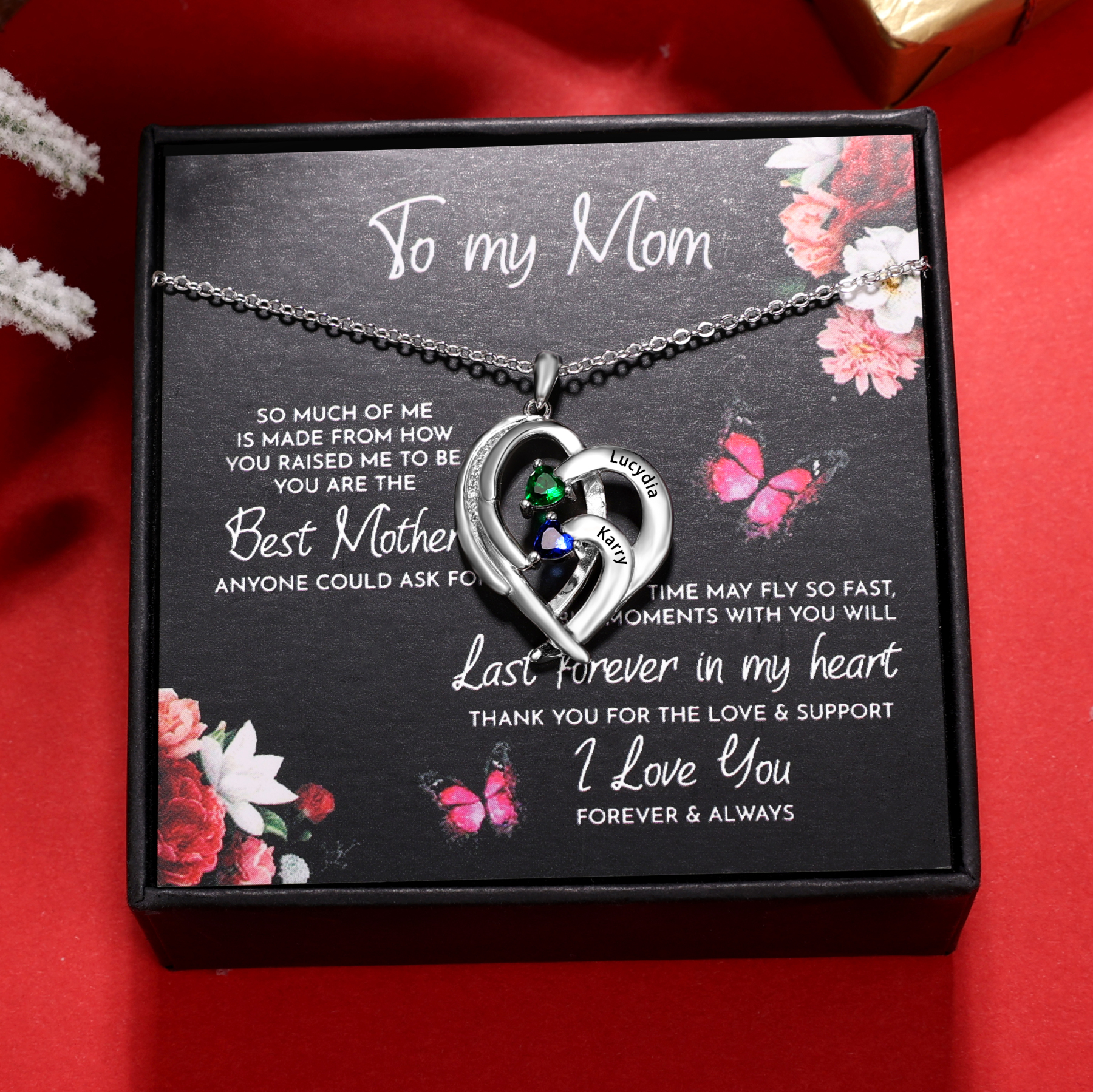 Personalised Heart Wings Necklace With 2 Birthstones Custom Names Necklace Gift For Her-Jessemade AU