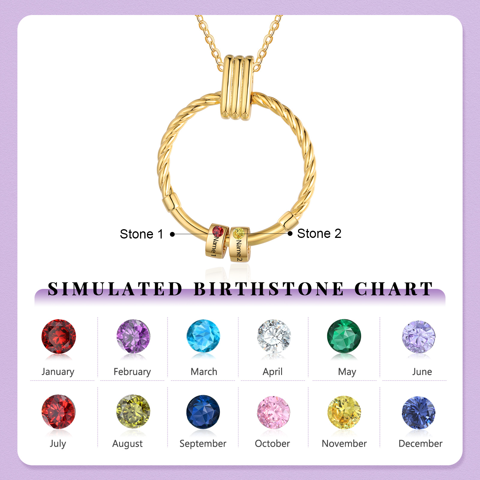 2 Names - Personalised Circle Pendant Necklace Custom Birthstones & Names Necklace Birthday Gift for Her-Jessemade AU