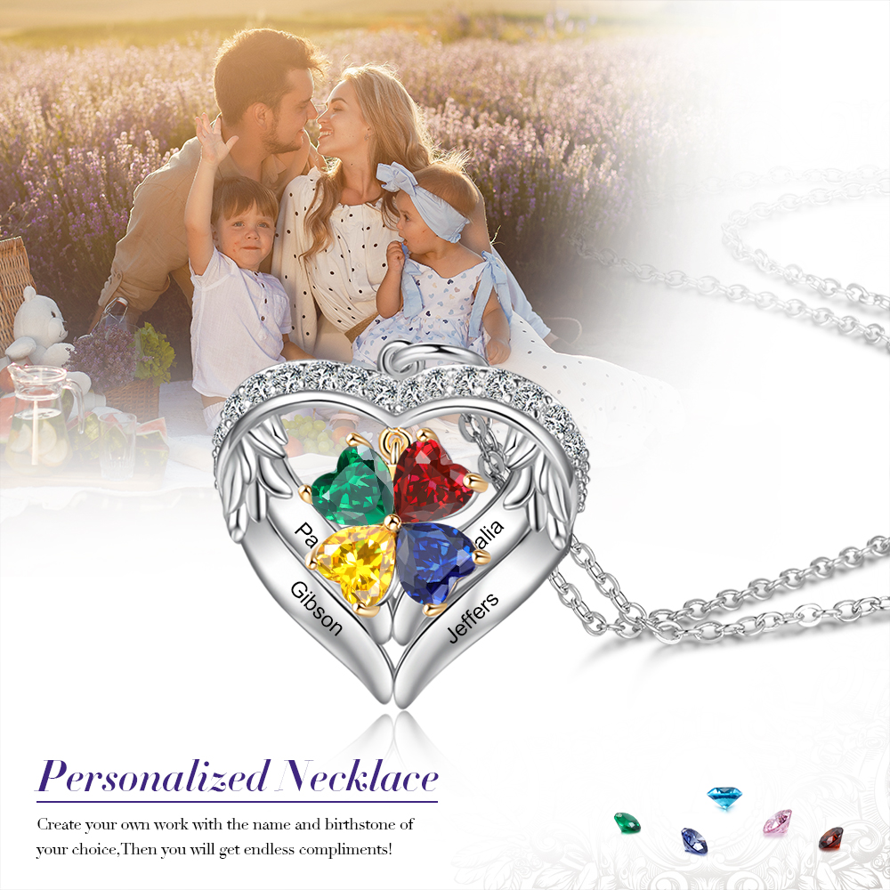 Personalised Wings Necklace With 4 Heart Birthstones Engraved Names Gift For Women-Jessemade AU