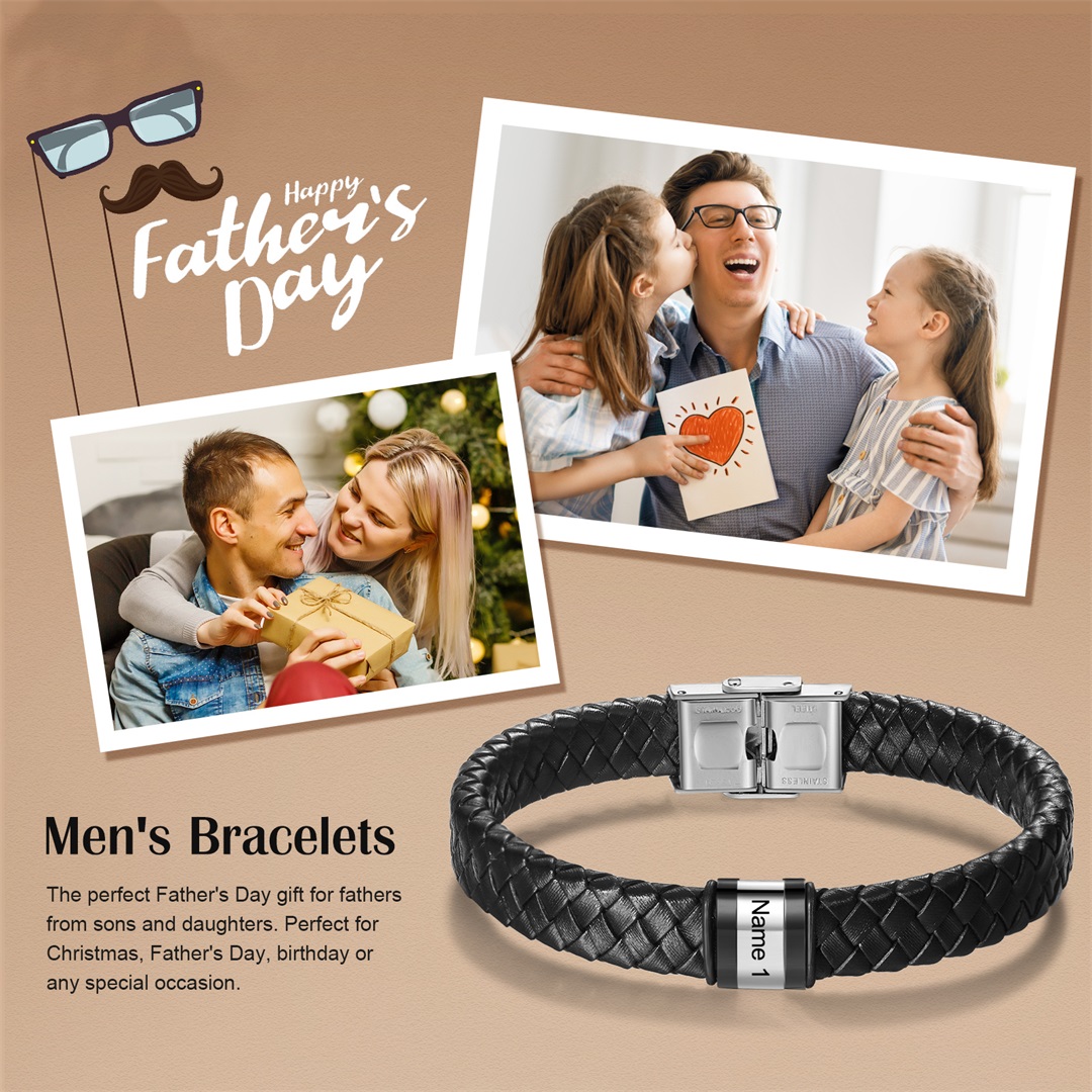 Men Leather Braided Bracelet Personalised with 1 Name Black-Jessemade AU