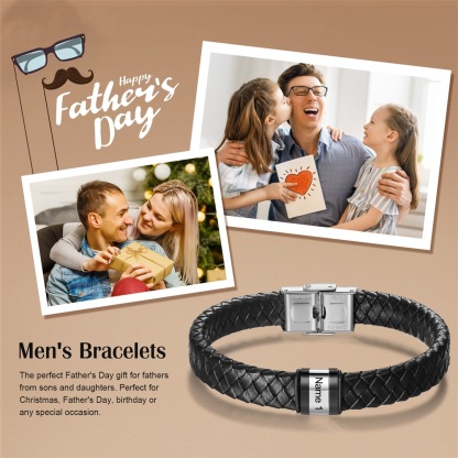 Men Leather Braided Bracelet Personalised with 1 Name Black-Jessemade AU
