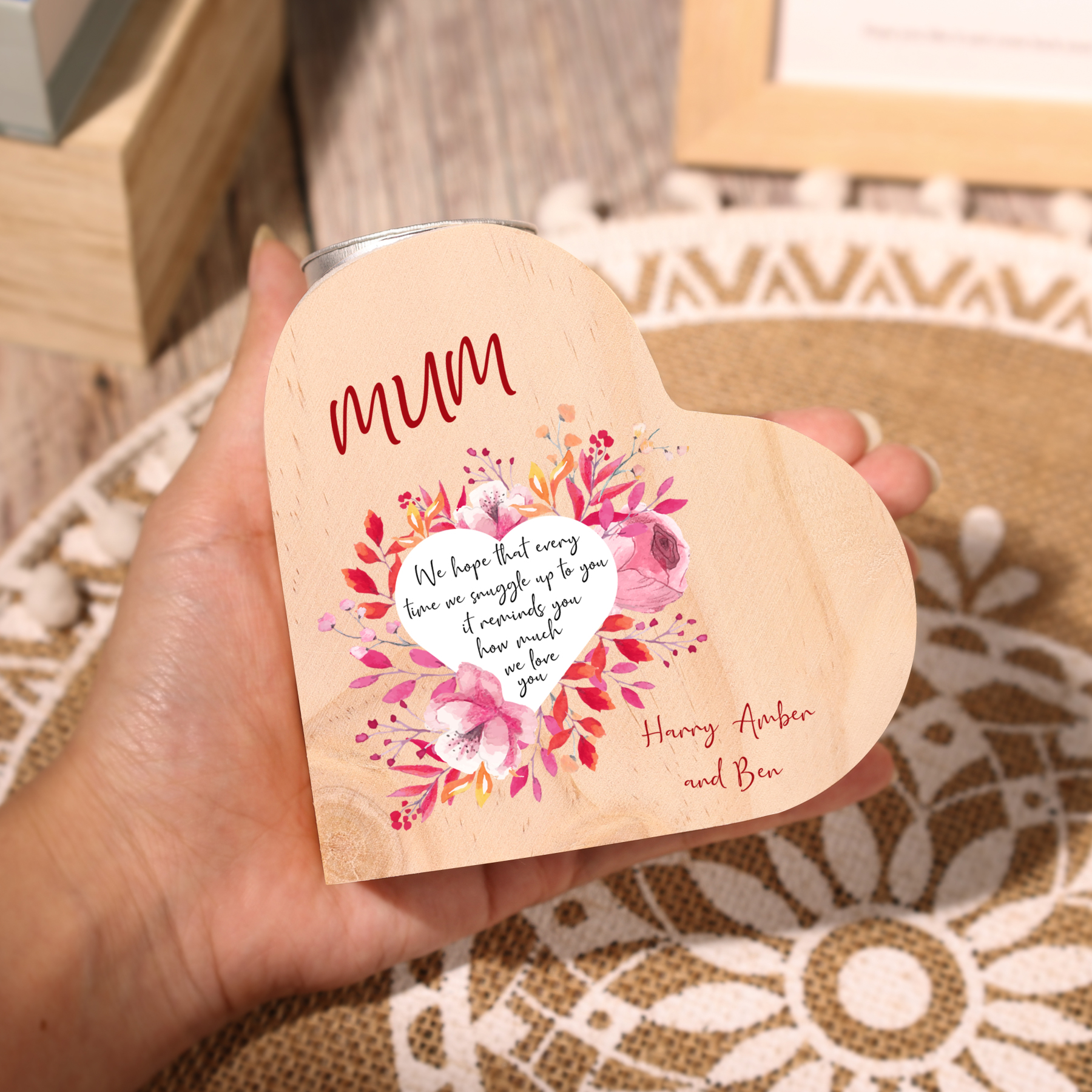 To My Mum Personalised Name Heart Candle Holder Wooden Candlestick "it reminds you how much we love you"-Jessemade AU