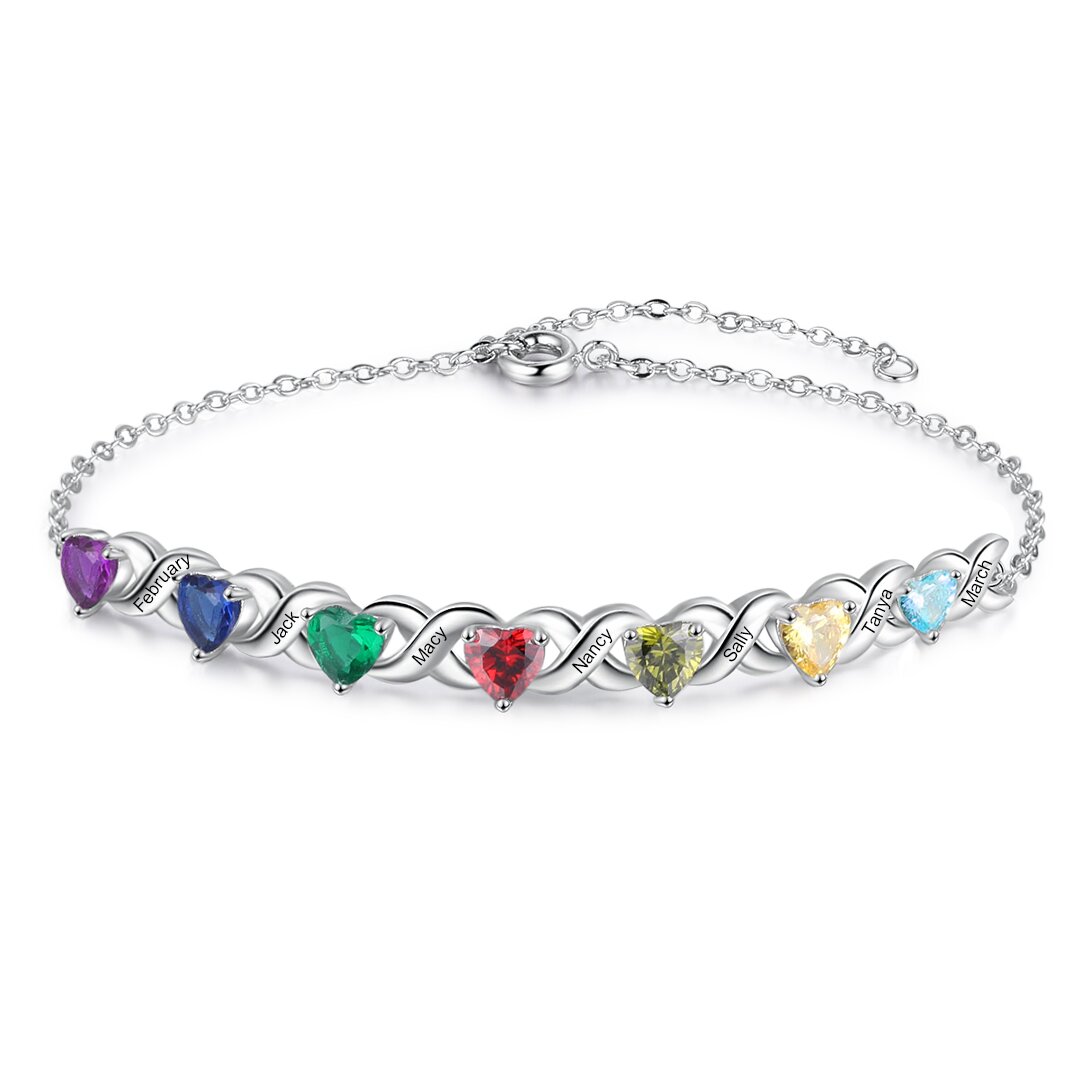 Family Custom Bracelet Heart Personalised with 7 Birthstones Gift Box Set-Jessemade AU