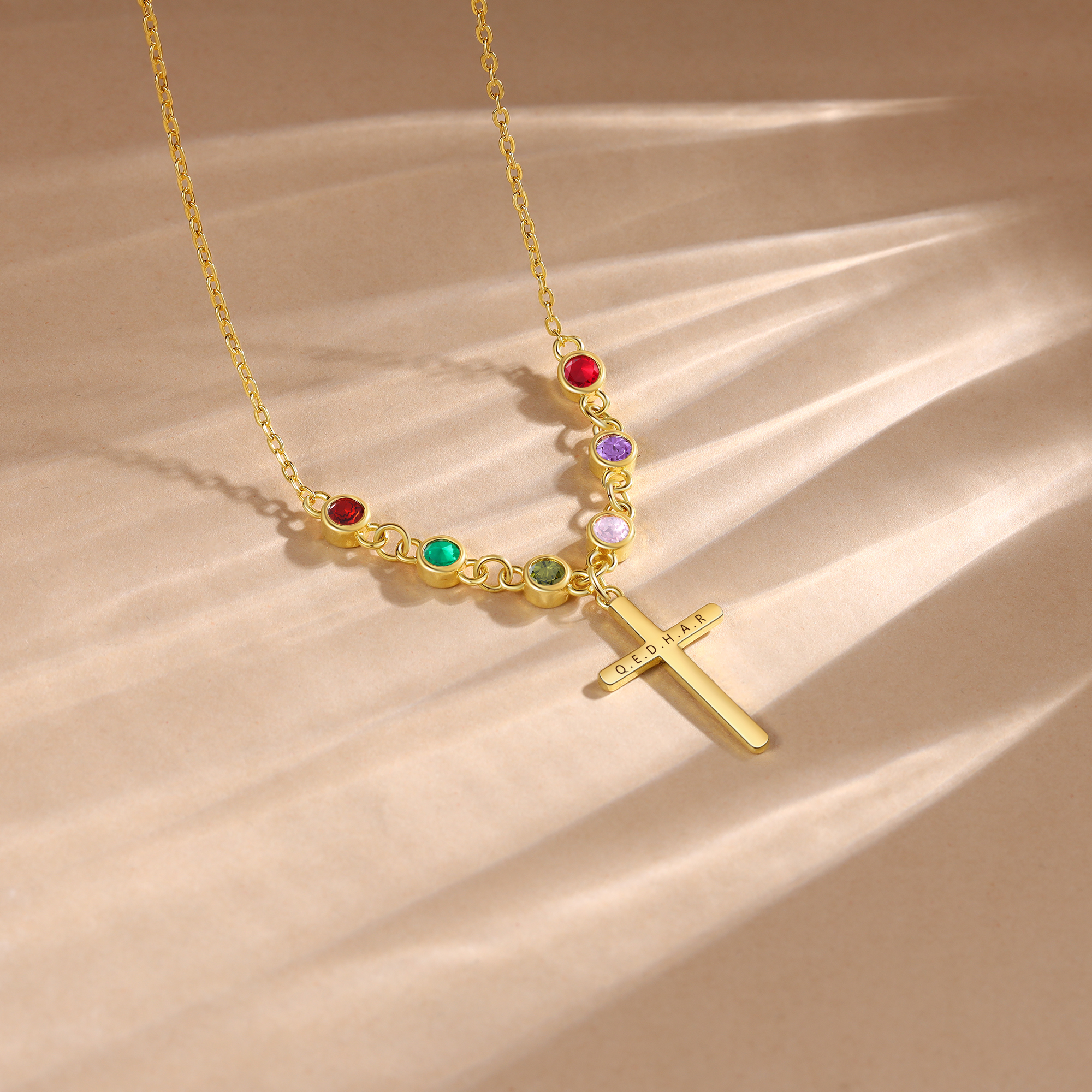 Personalised Cross Pendant Necklace Custom 6 Birthstones & 1 Text Necklace Birthday Gift for Her-Jessemade AU