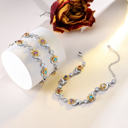 Flowers Bracelet Personalised 6 Birthstones Bracelet Engraved Names Flowers Charm Gifts For Her-Jessemade AU