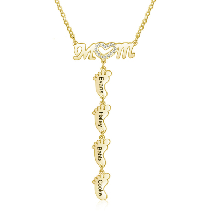 Mother Necklace with 4 Baby Feet Pendants Engraved 4 Names Rose Gift Set