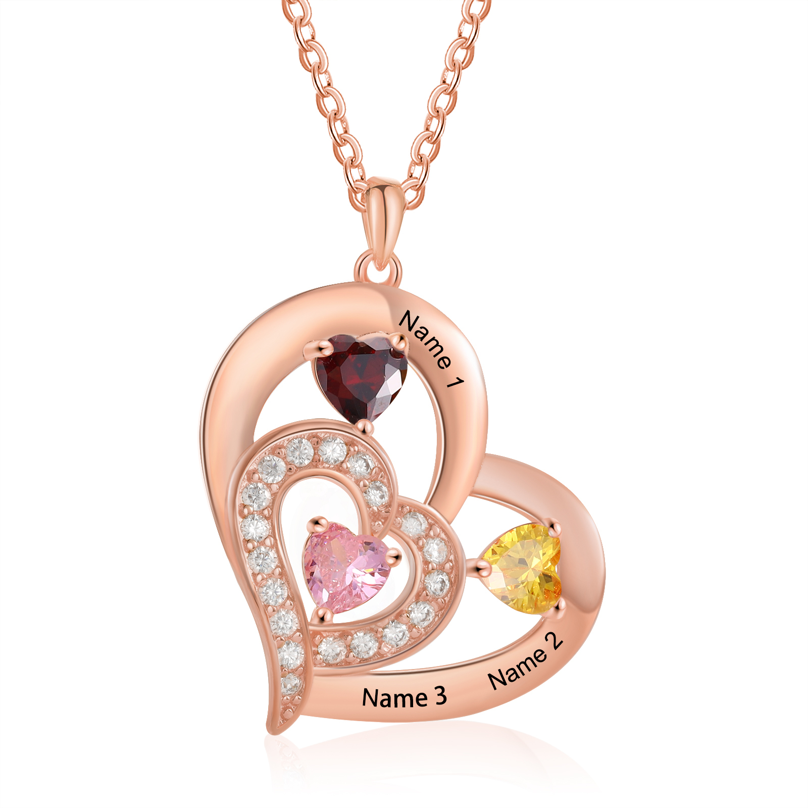 3 Names - Personalised Heart Pendant Necklace Customised Names & Birthstones Necklace Birthday Gift for Her-Jessemade AU