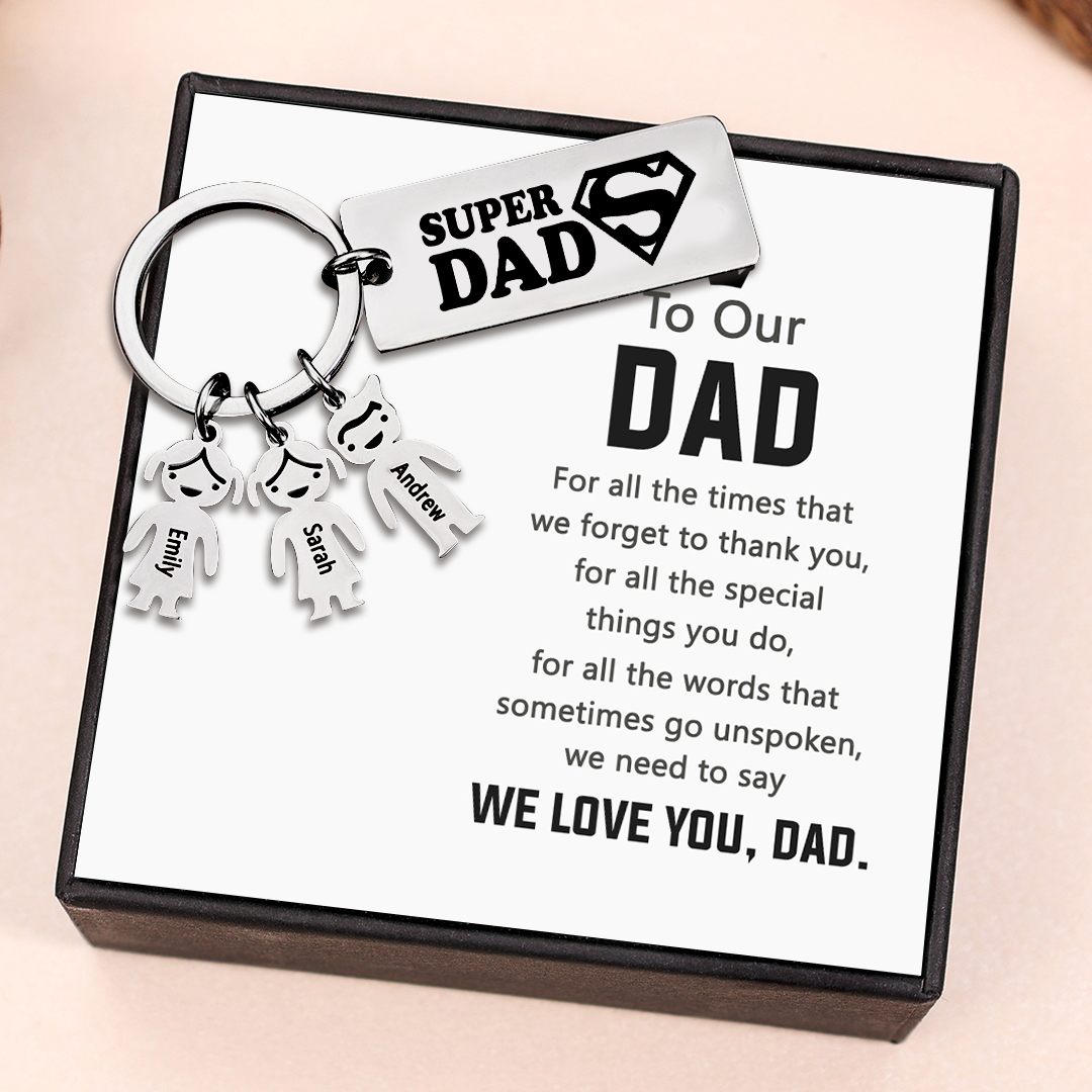 Father's Day Gift Personalised Super Dad Keychain Engraved 3 Kid Charms-Jessemade AU
