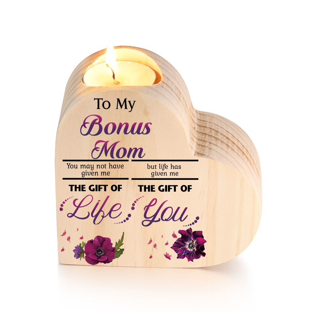 To My Bonus Mom Violet Flower Heart Candle Holder "Life Has Given Me The Gift of You" Wooden Candlestick-Jessemade AU