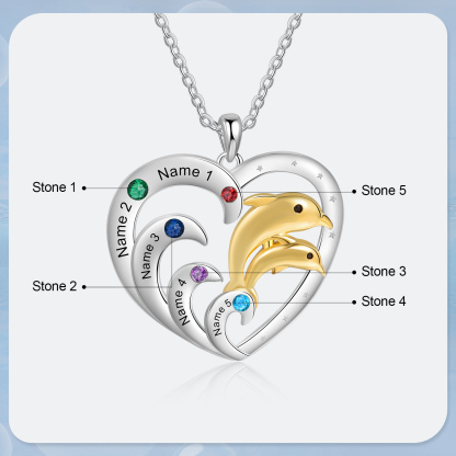 Personalised Heart Dolphin Pendant Necklace Custom 5 Birthstones Engraved 5 Names Necklace Gift for Her-Jessemade AU