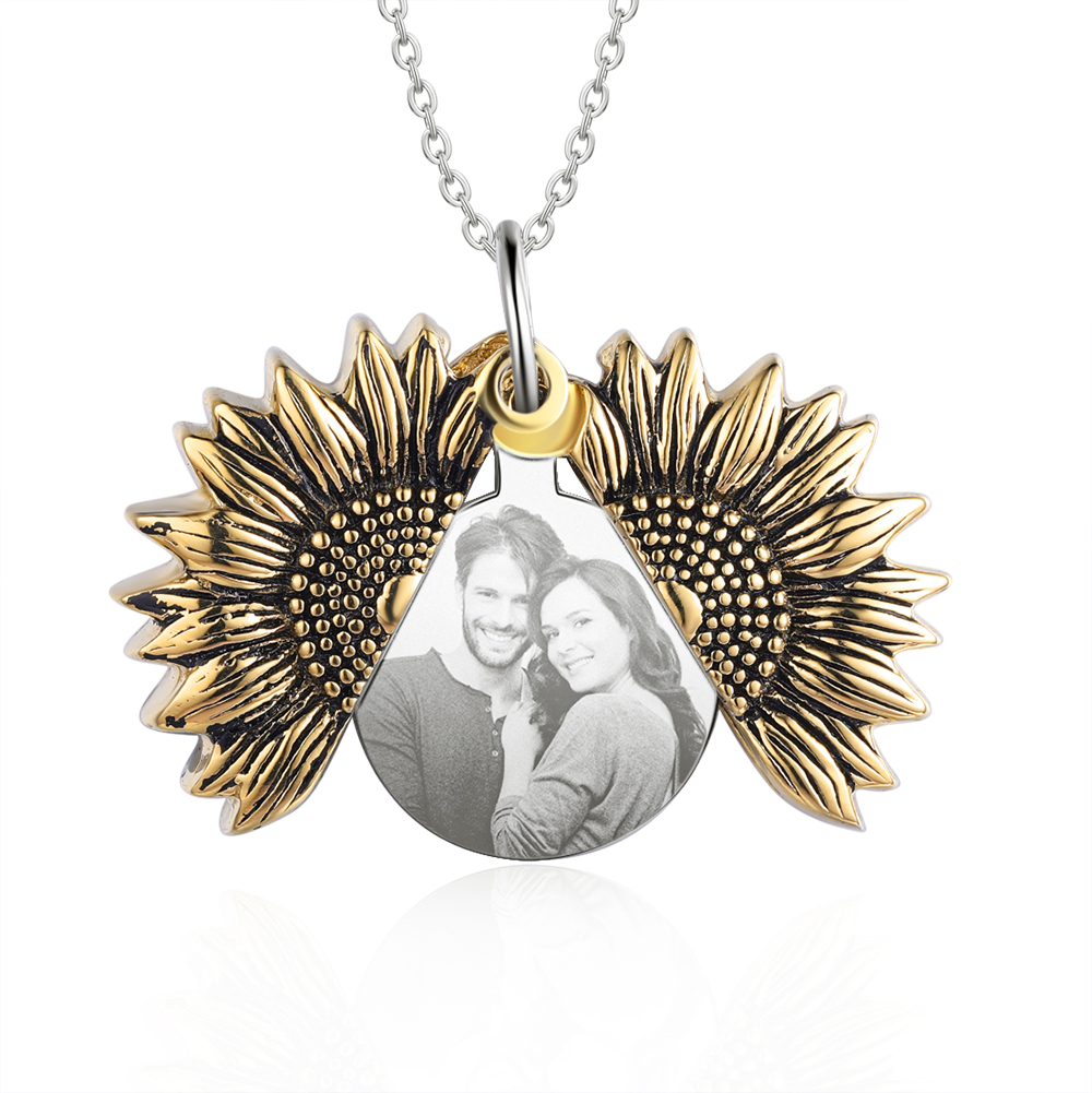 Personalised Open Locket Sunflower Photo Necklace With Engraving "You Are My Sunshine"-Jessemade AU
