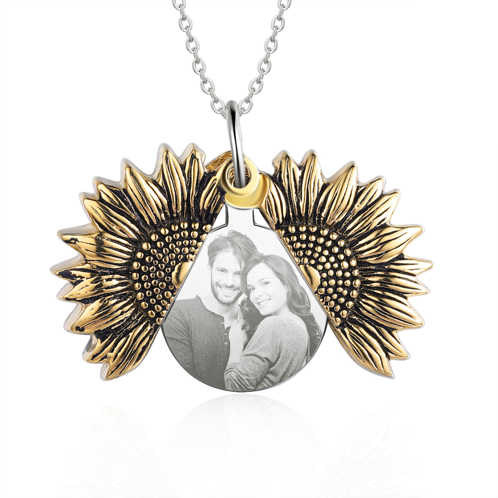 Personalised Open Locket Sunflower Photo Necklace With Engraving "You Are My Sunshine"-Jessemade AU