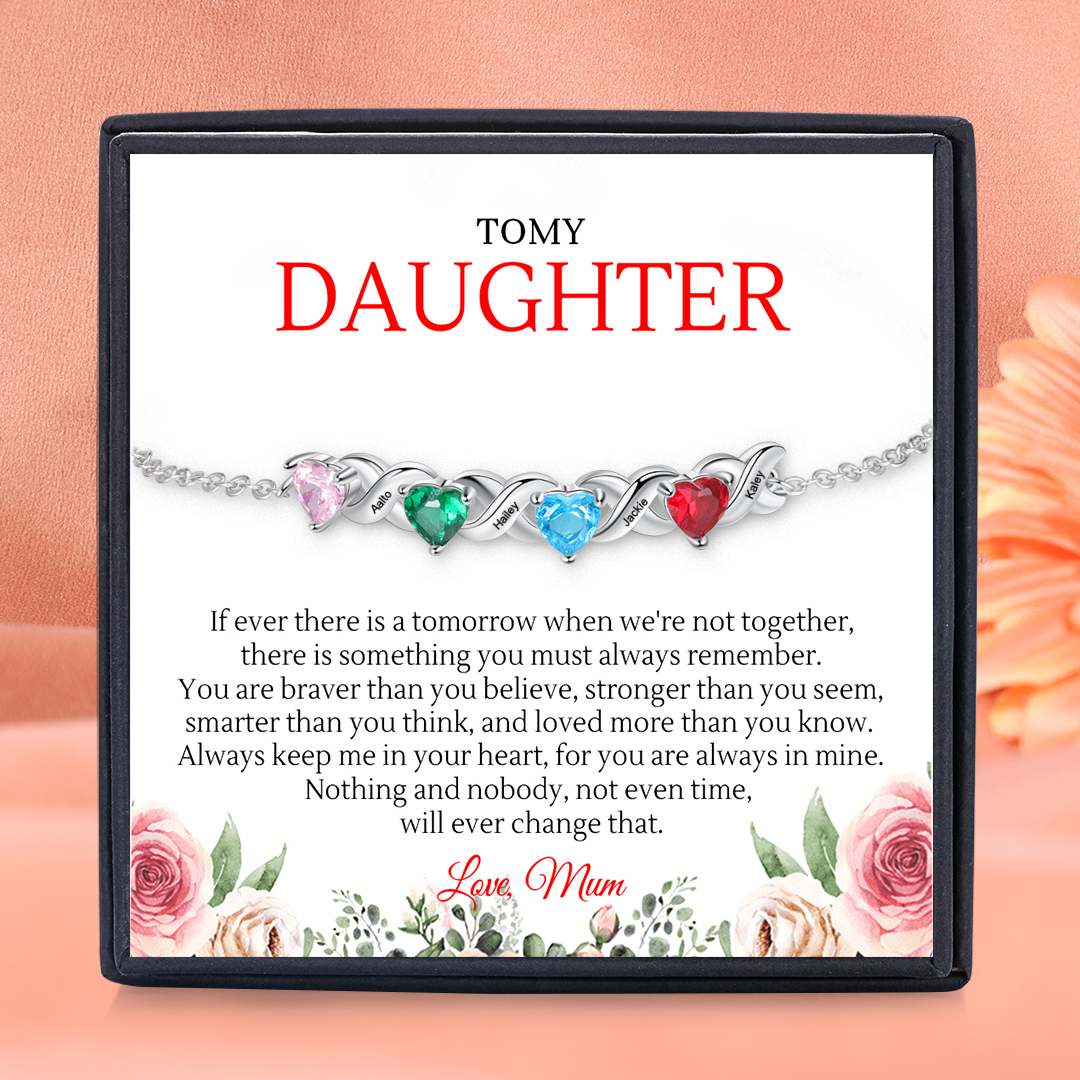 Personalised Bracelet With 4 Heart Birthstones Engraved Names Bracelet Gift For Women-Jessemade AU