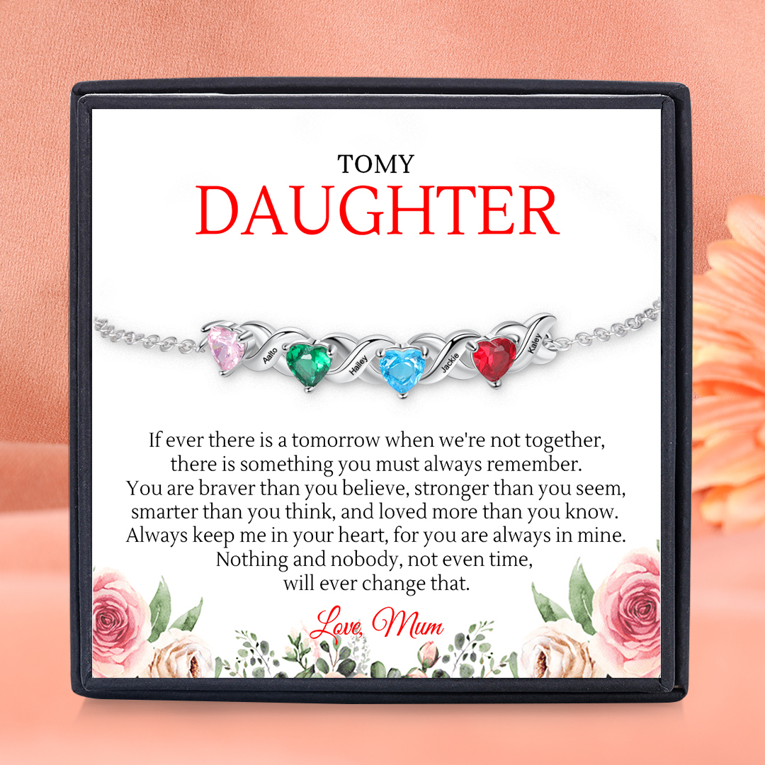 Personalised Bracelet With 4 Heart Birthstones Engraved Names Bracelet Gift For Women-Jessemade AU
