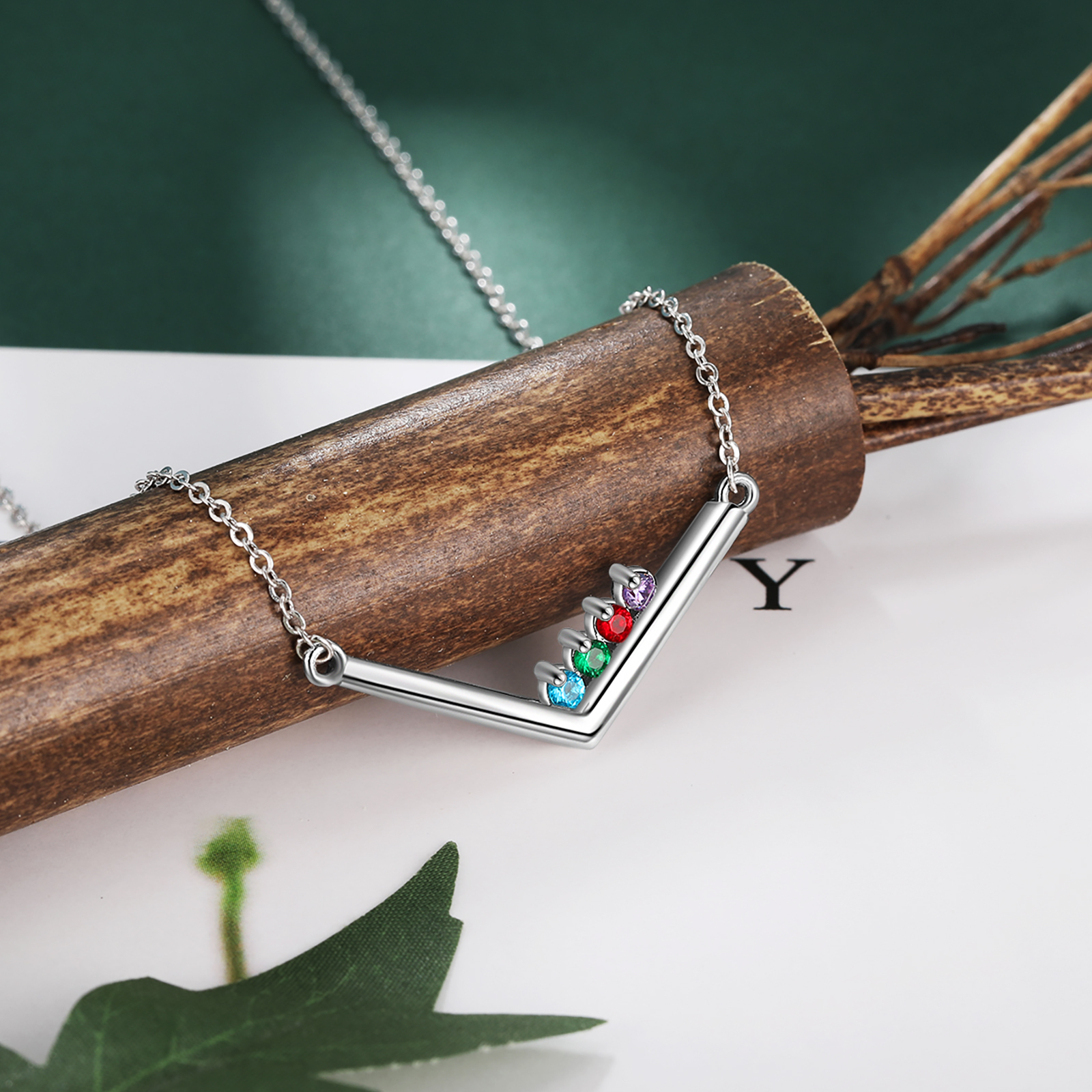 V Shape Necklace with Family Birthstone Personalised 4 Stones Family Necklace For Her-Jessemade AU