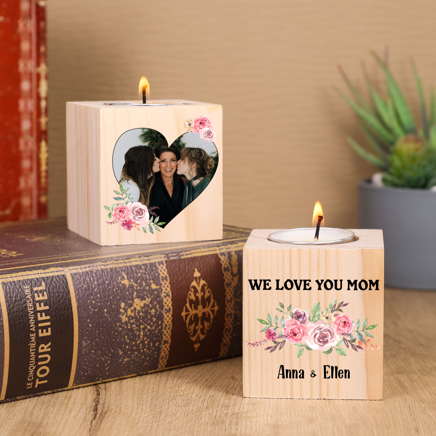 Personalised Photo Block Candle Holder We Love You Mom Wooden Candlesticks-Jessemade AU