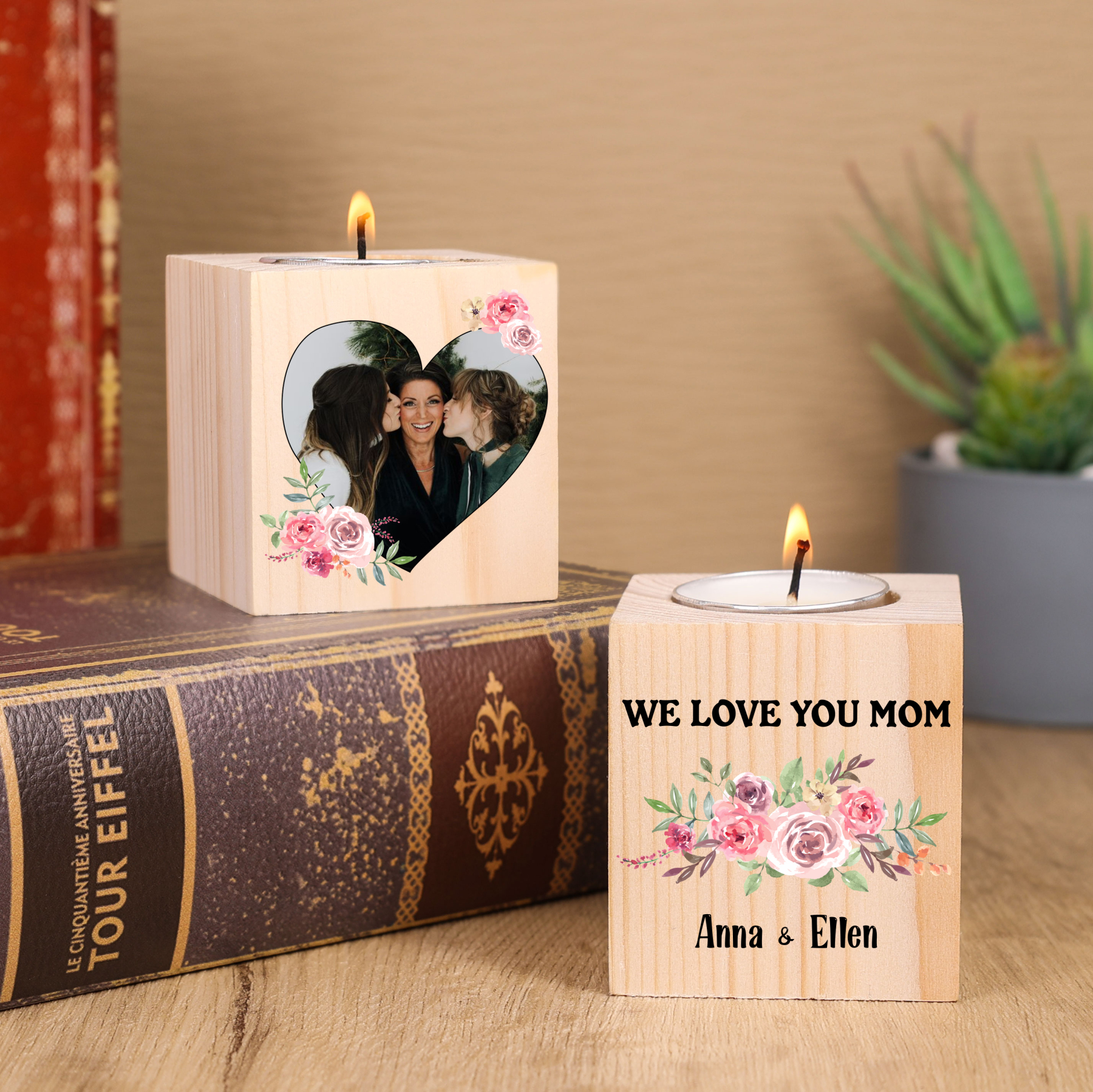 Personalised Photo Block Candle Holder We Love You Mom Wooden Candlesticks-Jessemade AU