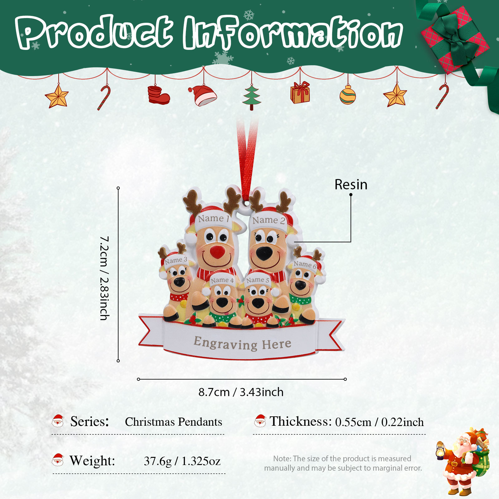 Personalised 6 Names & Text Reindeer Christmas Ornament Resin Christmas Tree Pendant for Family-Jessemade AU