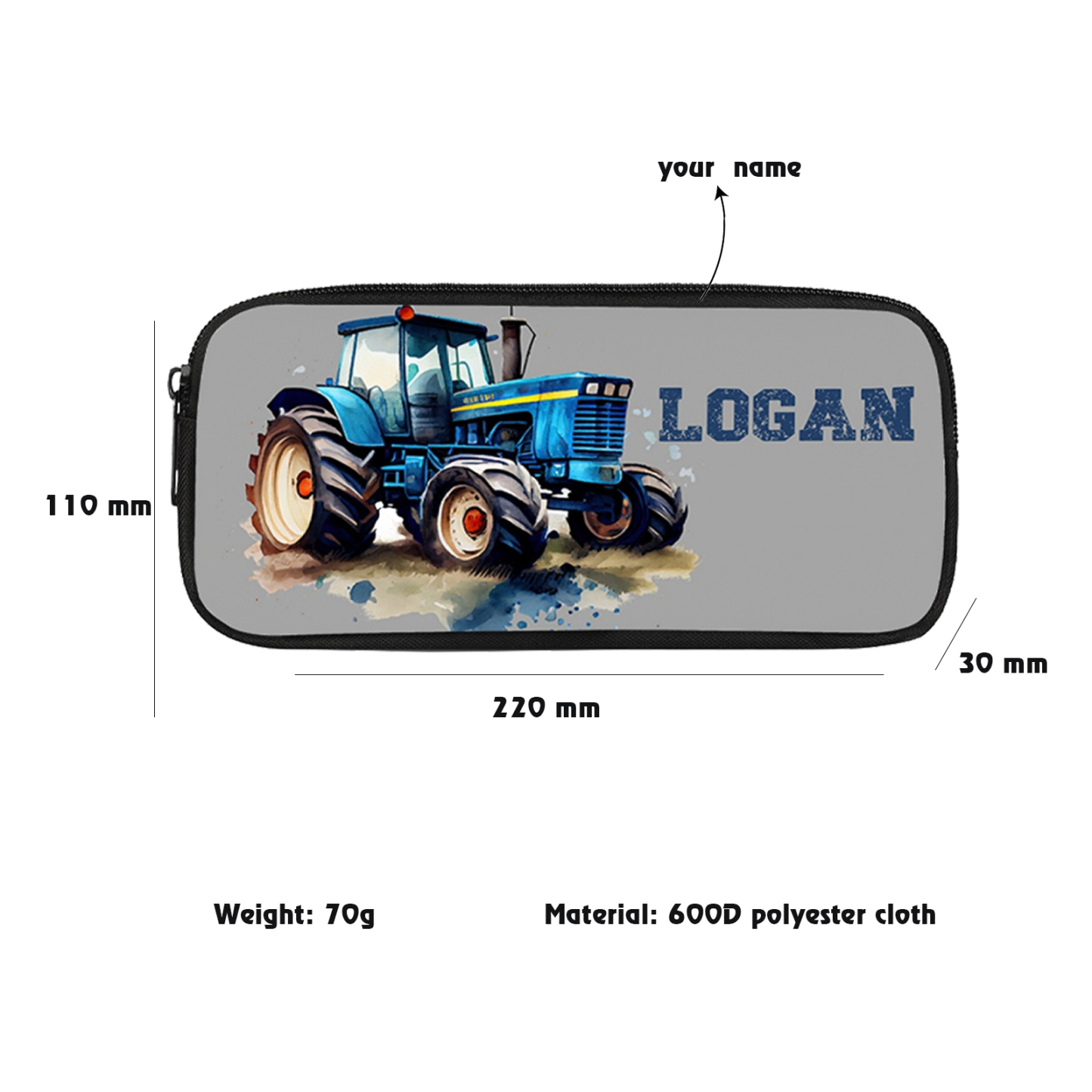 Personalised  Name Pencil Case Blue Bulldozer Pen Bag Zipper Back to School Gifts for Student-Jessemade AU