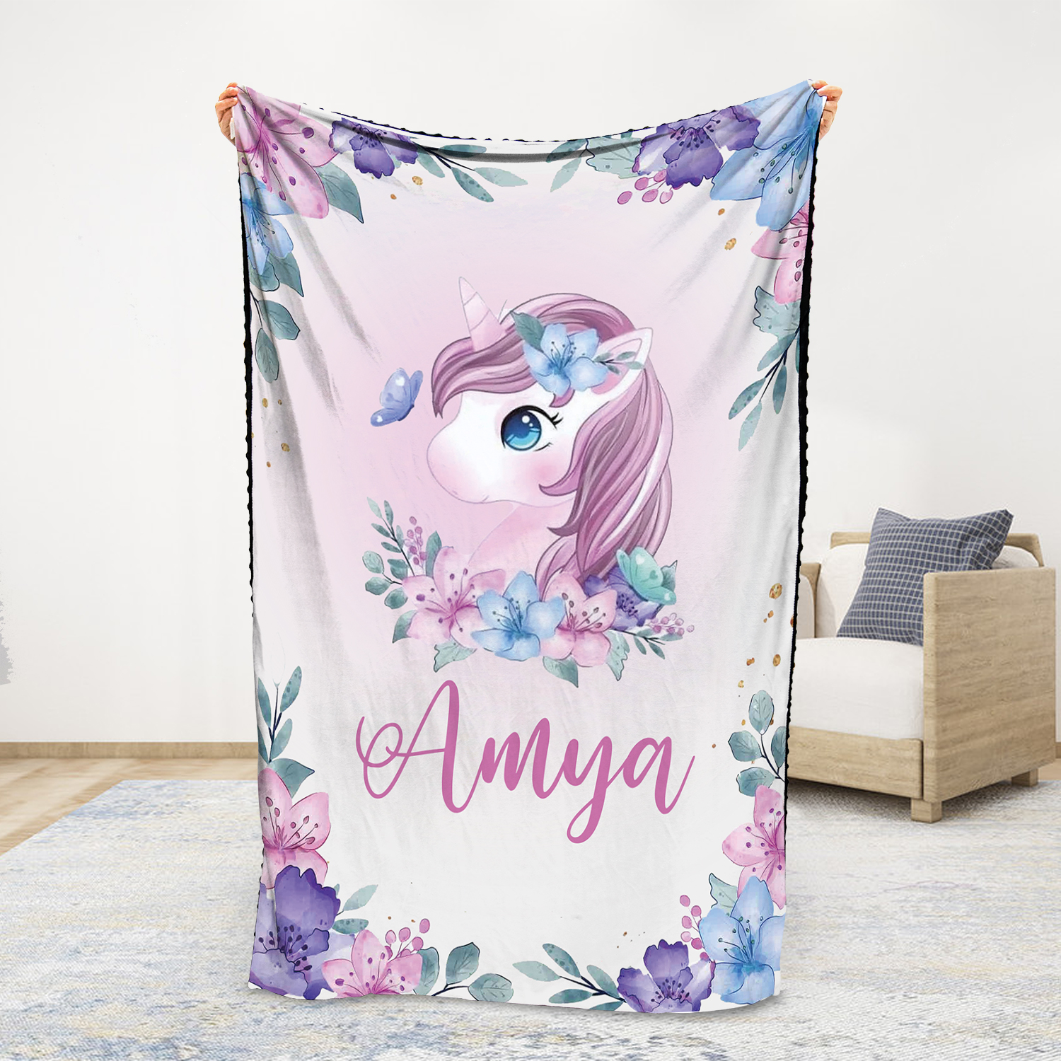 Personalised Flower Unicorn Blanket Custom Name Cute Cartoon Blanket-Jessemade AU