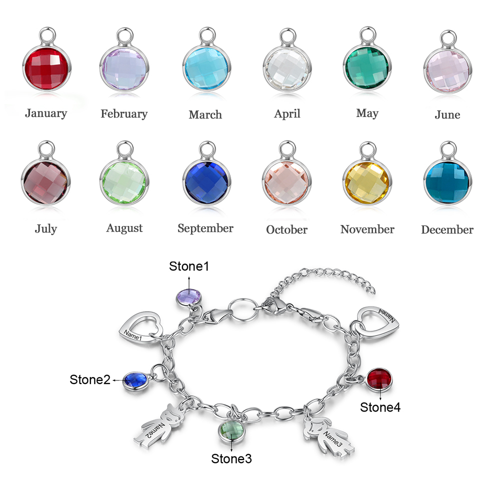 Personalised Kids Charm Bracelet With 3 Birthstones Engraved Names Bracelet Gift For Her-Jessemade AU