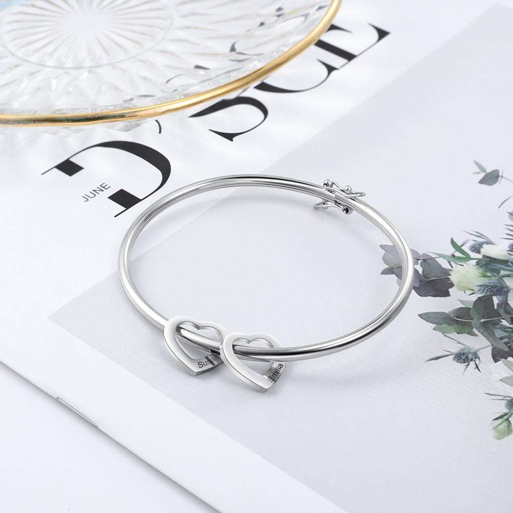 Love Bracelet with 2 Heart Pendant Engraved Bangle Bracelet Gift for Mother-Jessemade AU
