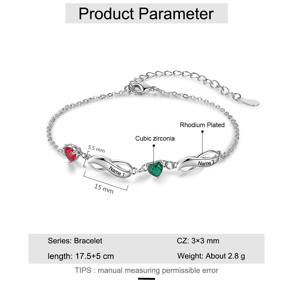 Personalised Infinity Bracelet With 2 Birthstones Engraved Names Bracelet Gift For Women-Jessemade AU