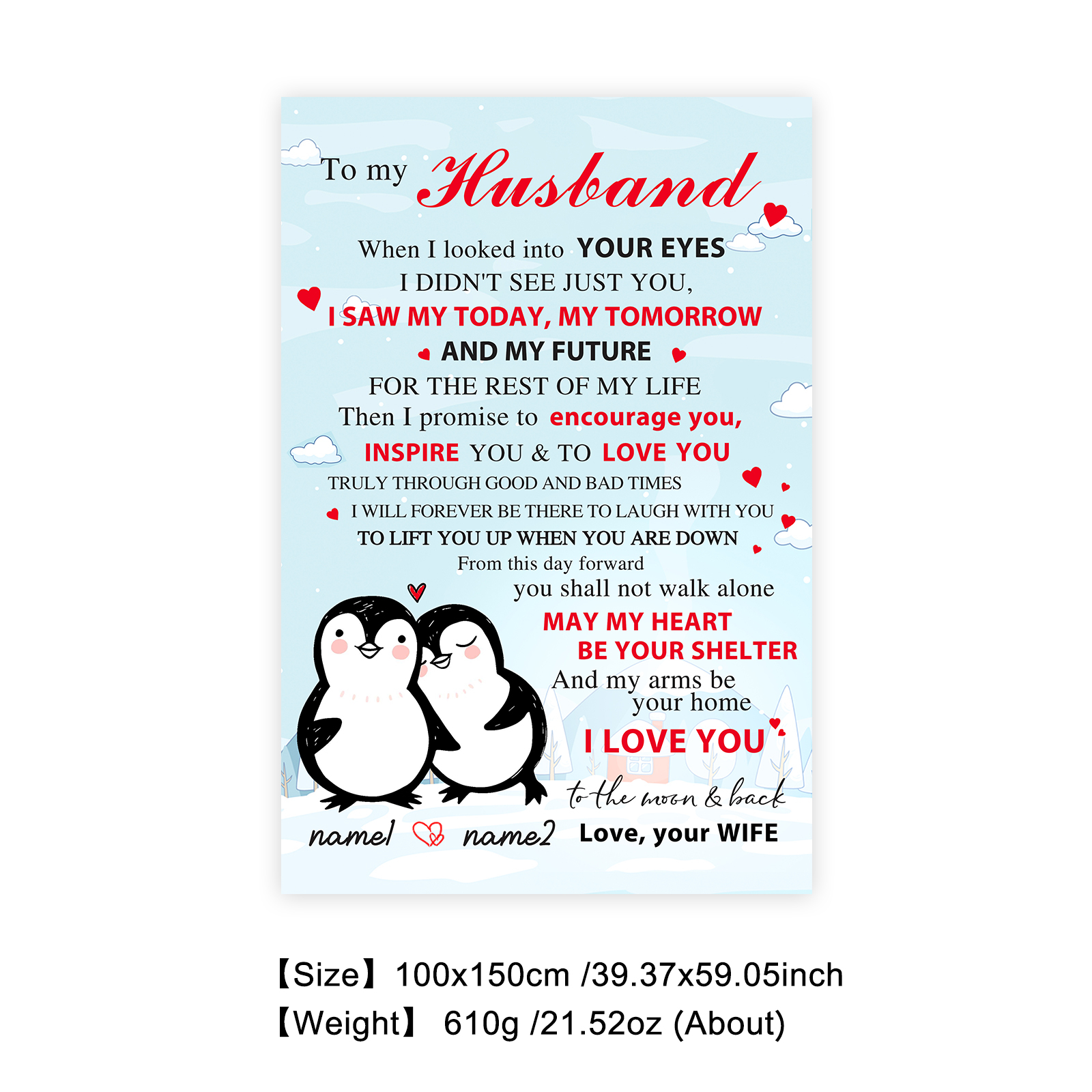 To My Husband Couple Penguin Blanket Custom Name Valentines Gift-Jessemade AU