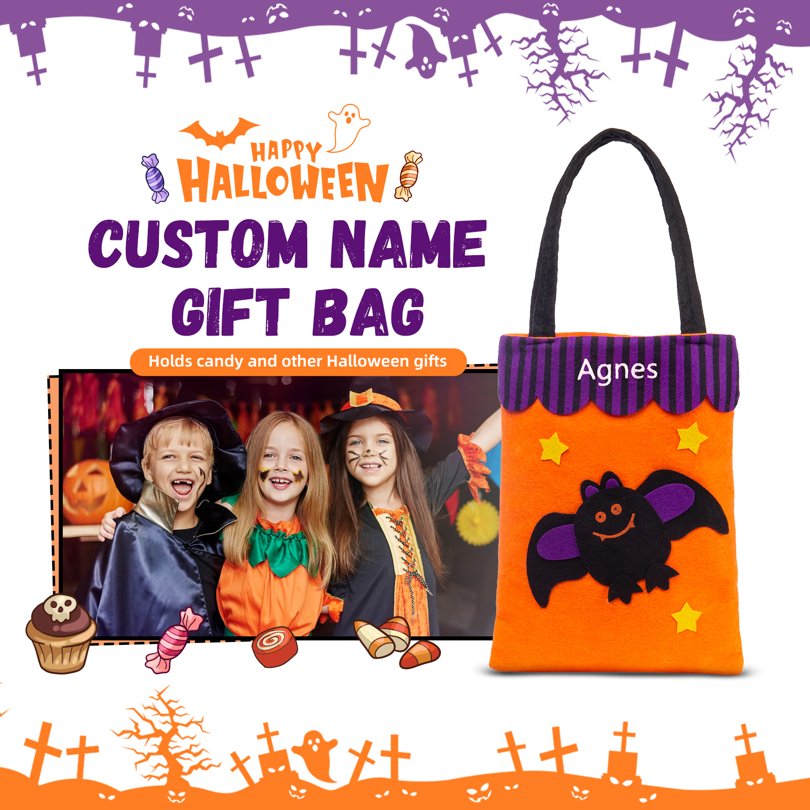 Personalised Halloween Tote Bags Custom 1 Name Tote Bag Halloween Candy Bag for Kids-Jessemade AU