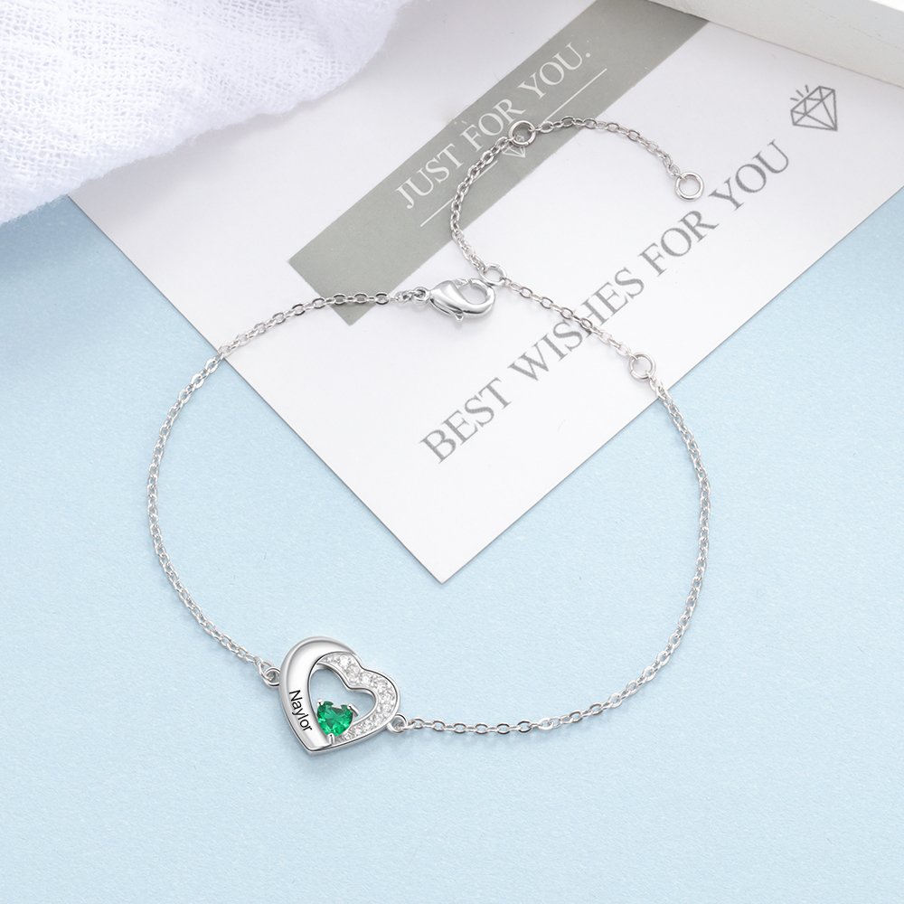 Personalised Heart Bracelet With 1 Birthstone Engraved Names Bracelet Gift For Women-Jessemade AU