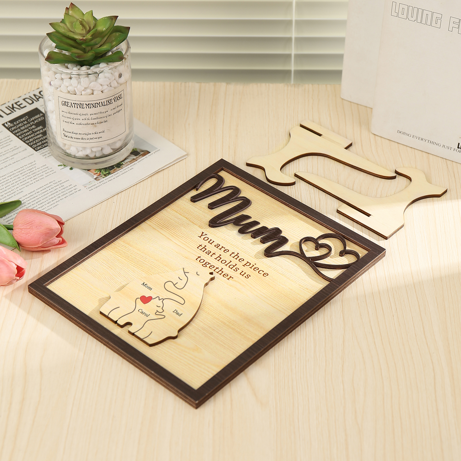 Personalised Bear Puzzle Pieces Wooden Plaque Custom 3 Names Family Ornament With Stand Gifts for Mum - You Are The Piece That Holds Us Together-Jessemade AU