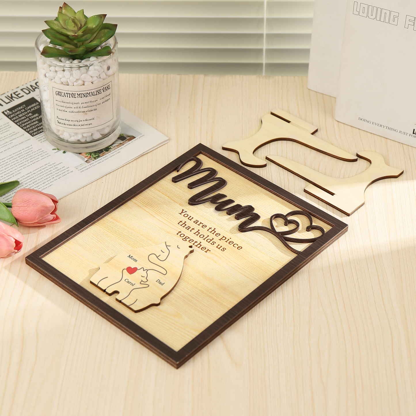 Personalised Bear Puzzle Pieces Wooden Plaque Custom 3 Names Family Ornament With Stand Gifts for Mum - You Are The Piece That Holds Us Together-Jessemade AU