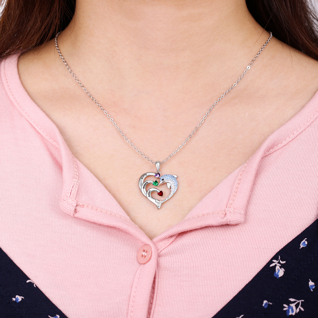 Personalised Heart Dolphin Necklace With 2 Birthstones Engraved Names Gift For Mum-Jessemade AU