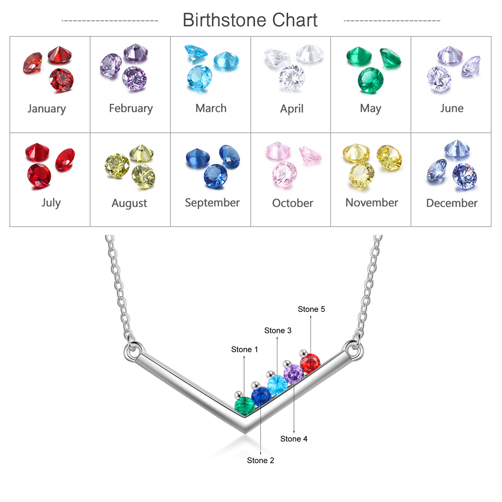 V Shape Necklace with Family Birthstone Personalised 5 Stones Family Necklace For Her-Jessemade AU