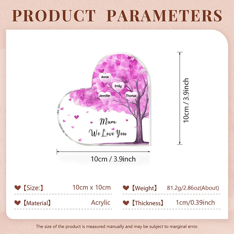 4 Names - Personalised Acrylic Heart Keepsake Custom Text Purple Tree Ornaments Gifts for Grandma/Mother-Jessemade AU