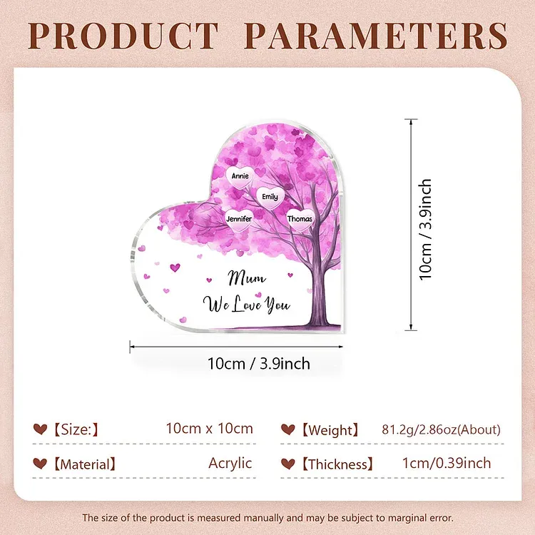 4 Names - Personalised Acrylic Heart Keepsake Custom Text Purple Tree Ornaments Gifts for Grandma/Mother-Jessemade AU
